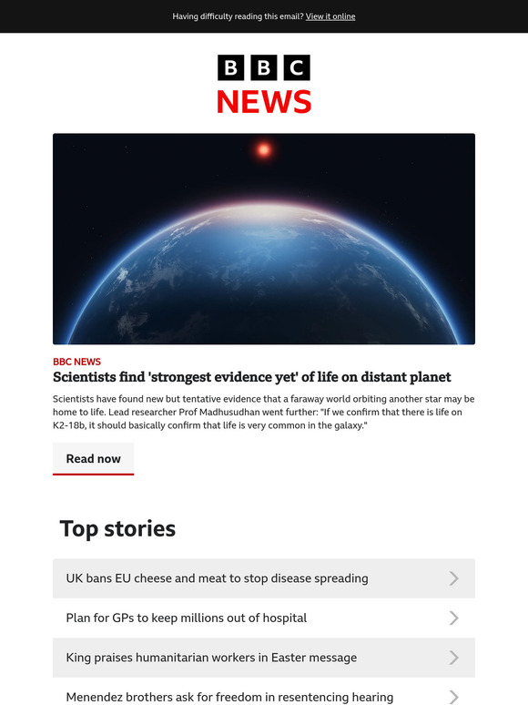 Promising hints of life found on distant planet | Plan for GPs to keep millions out of hospital | UK bans EU cheese and meat to stop disease spreading