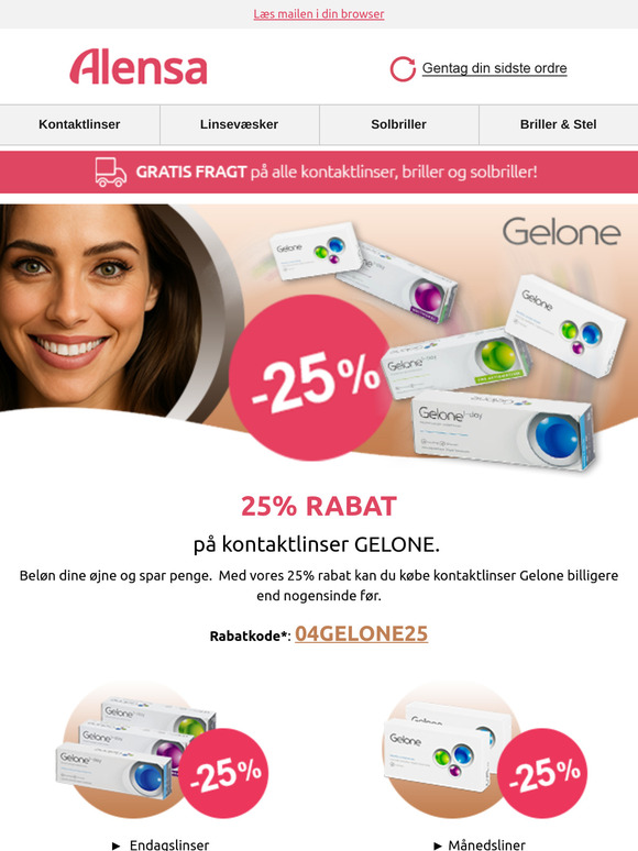 Få 25 % rabat på Gelone-kontaktlinser.