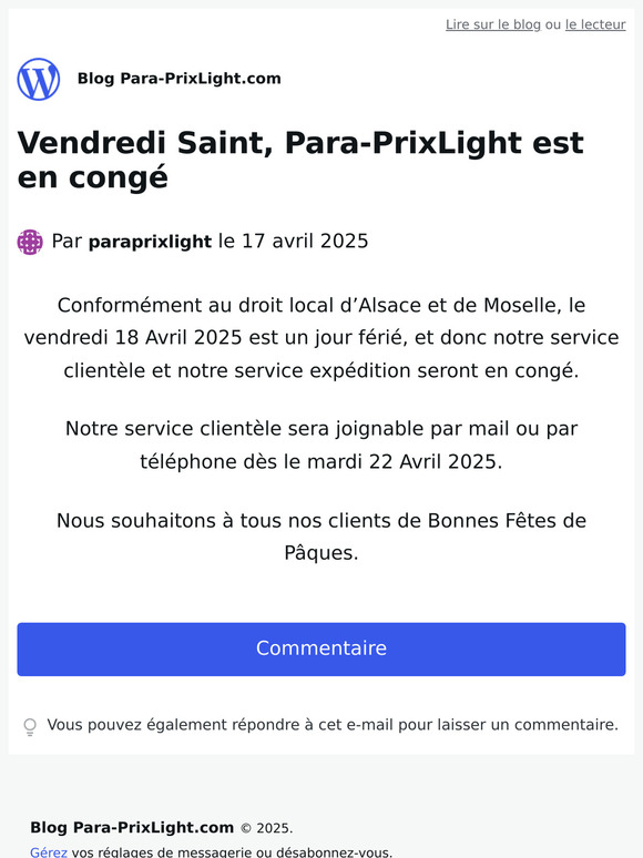 Vendredi Saint, Para-PrixLight est en congé