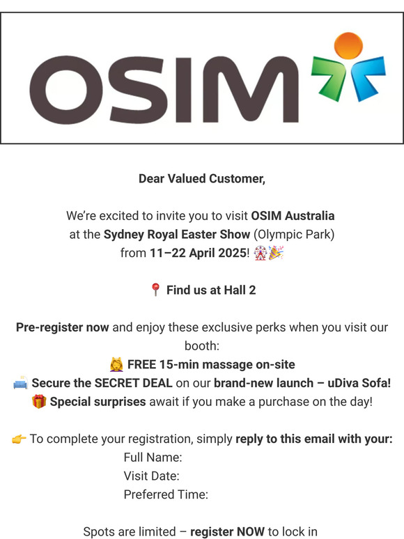 🎉 You're Invited! Enjoy a FREE Massage & Secret Deal at Sydney Royal Easter Show!