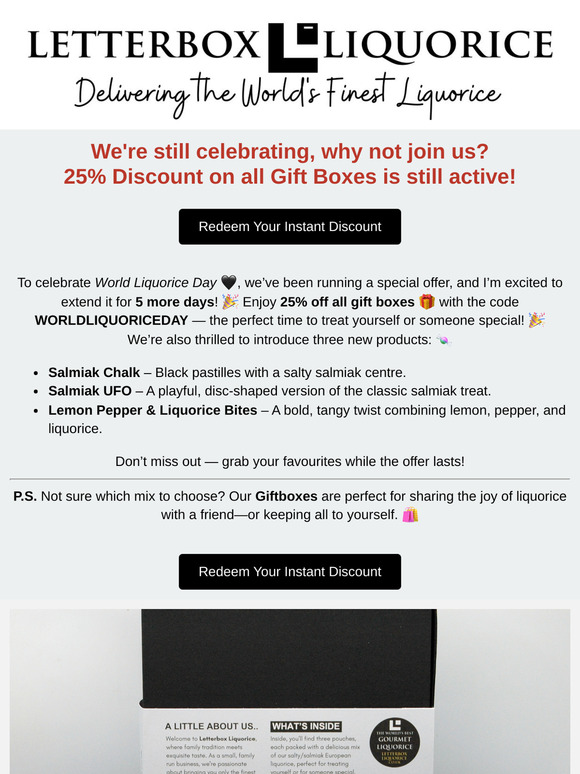 🚨 BIG News! 25% OFF All Liquorice Mixes & Giftboxes for World Liquorice Day! 🎉