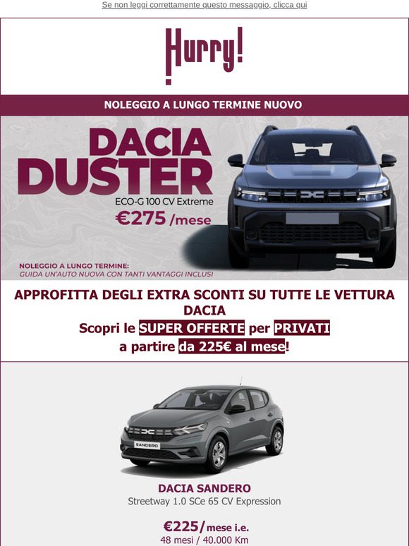 🚘Speciale DACIA: Nuova Dacia Duster a 275€, con tutti i servizi inclusi in un unico canone mensile | 🔊Noleggiala su Hurry!