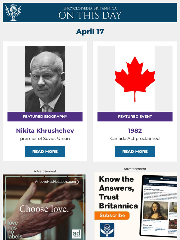 Canada Act proclaimed, Nikita Khrushchev is featured, and more from Britannica