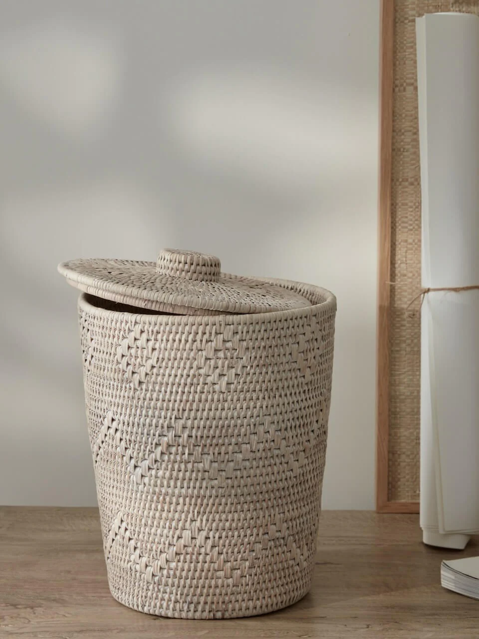 Image of Lavan White Rattan Lidded Waste Paper Basket