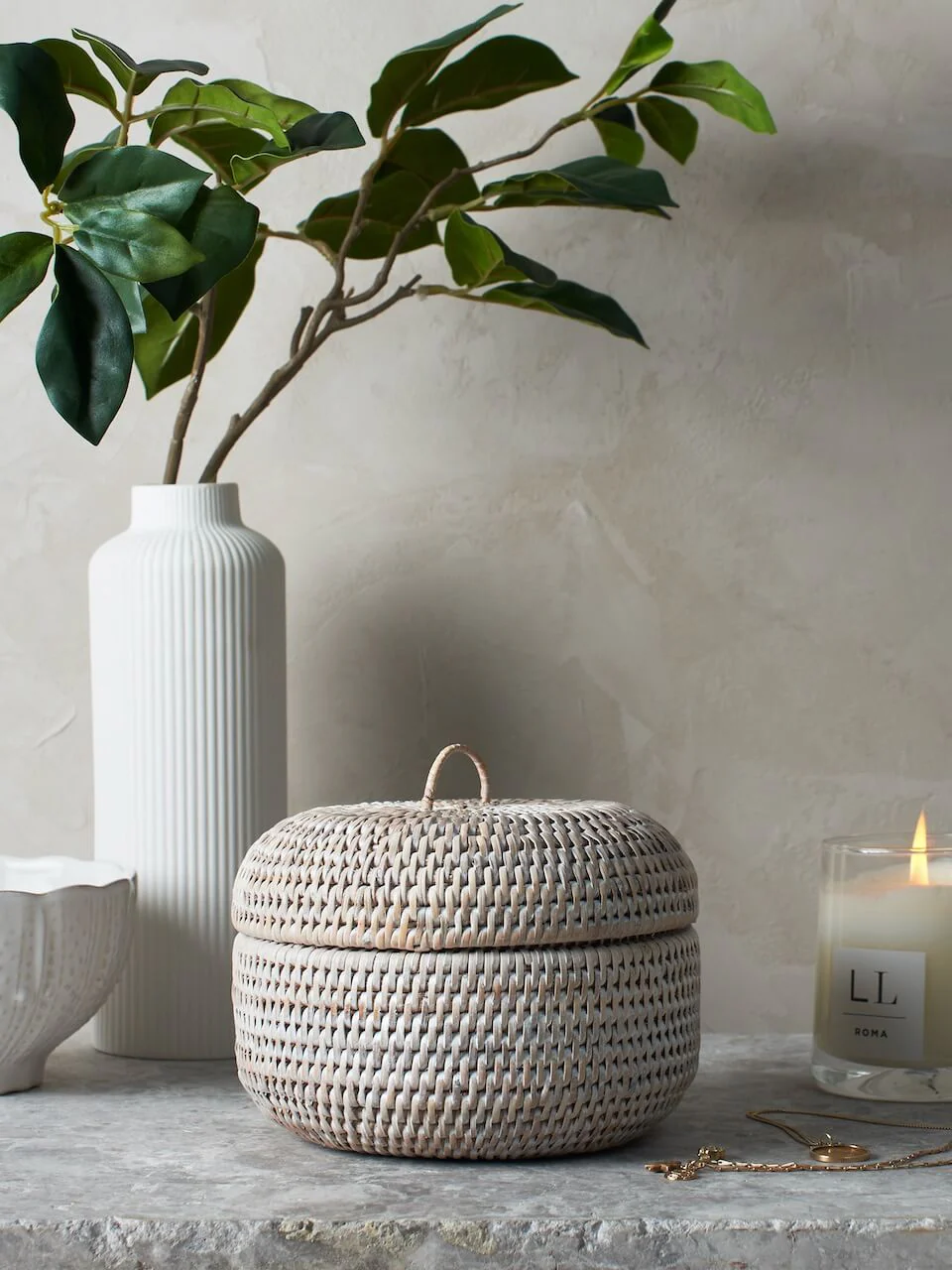 Image of Ely White Round Rattan Storage Box