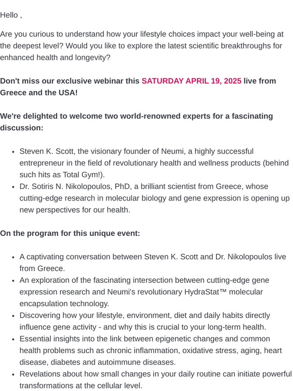 Saturday: Discover the secrets of optimal vitality during an exceptional webinar
