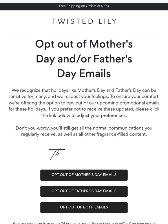 Opting out of Mother’s Day/Father’s Day emails