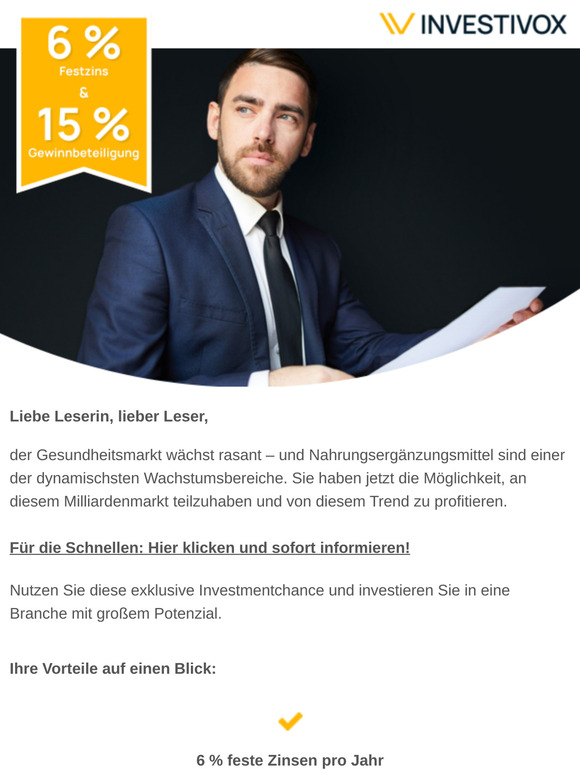 Gesund investieren: 6 % feste Zinsen + 15 % Gewinnbeteiligung