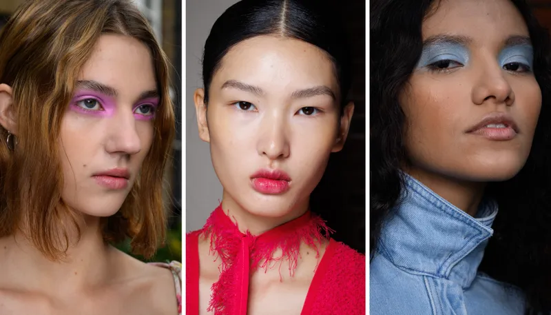 spring makeup trends: bright eye shadow, tulip lips, and pastel blue eye shadow