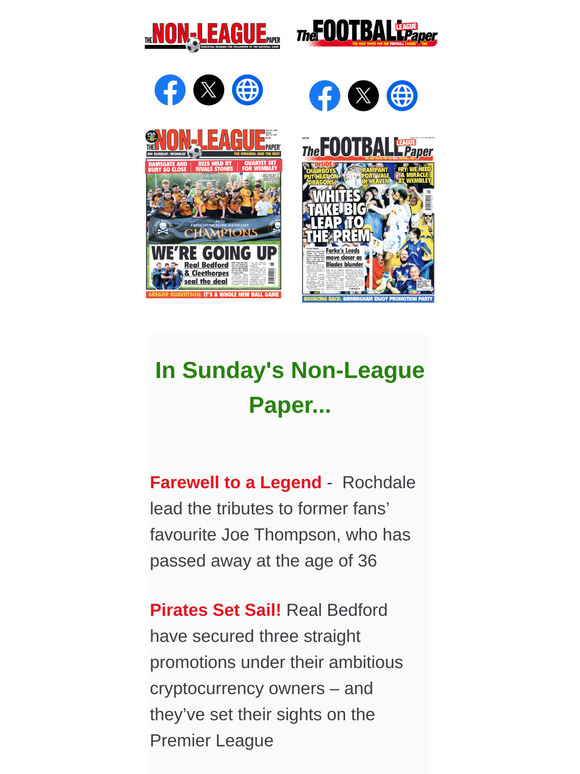 IN SUNDAY'S PAPERS > NLP: Real Bedford secure third straight promotion and set sights on Premier League / Boss Craig Rouse hails Cleethorpes Town's phenomenal season // FLP: Chris Dunlavy's Championship Team of the Season / Casper De Norre on Millwall's unexpected play-off tilt / Luka Modric becomes co-owner of Swansea