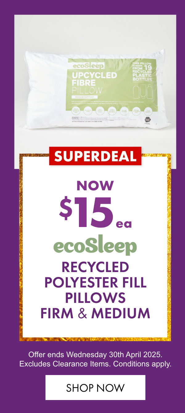 EcoSleep Recycled Polyester Fill Pillows Firm & Medium now $15ea