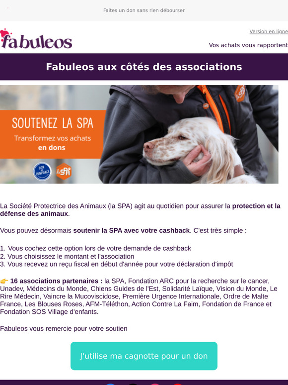 Soutenez la SPA grâce à votre cagnotte Fabuleos !
