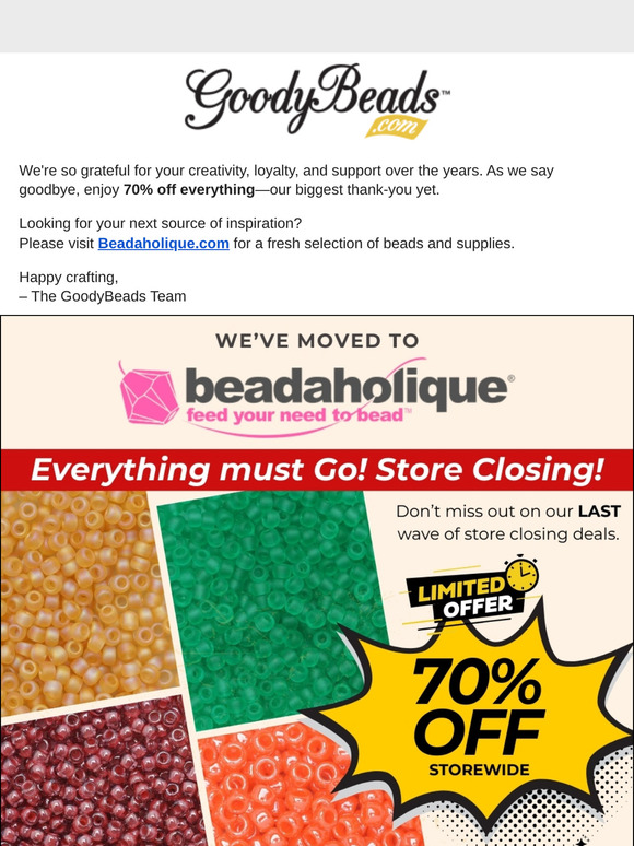 Good Bye! Last Email: 70% OFF Everything