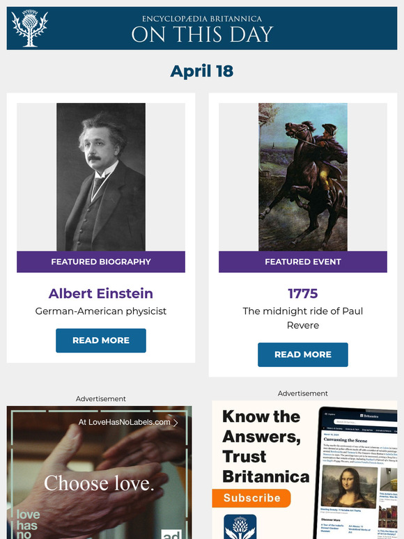 The midnight ride of Paul Revere, Albert Einstein is featured, and more from Britannica