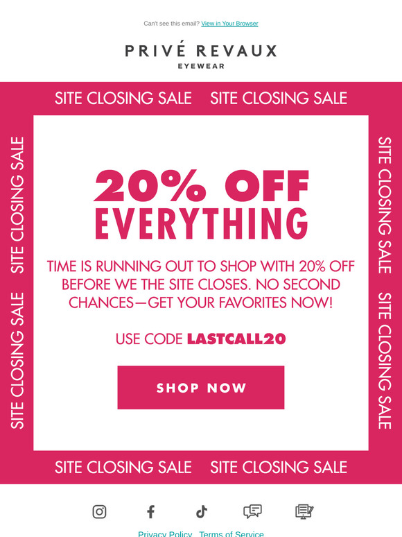 Site Closing Sale – 20% Off Everything