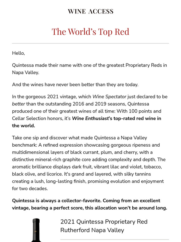 100pts: Quintessa Is Enthusiast's #1 Red in the World