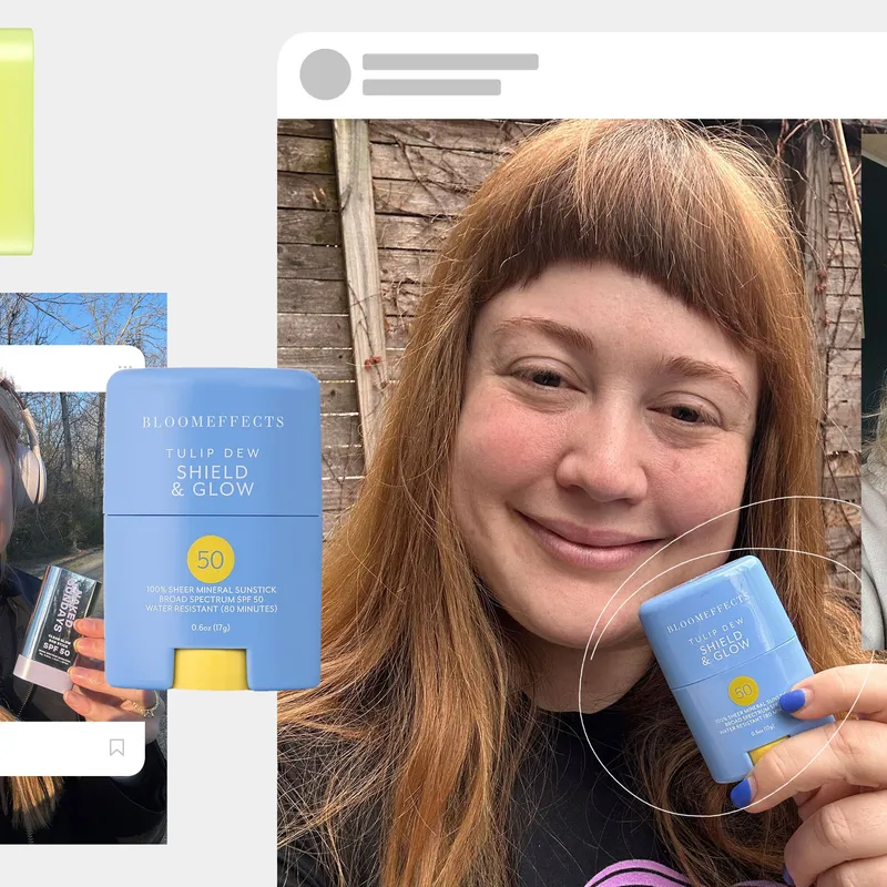 A collage of photos of women holding sunscreen sticks and actual tubes of sunscreen sticks