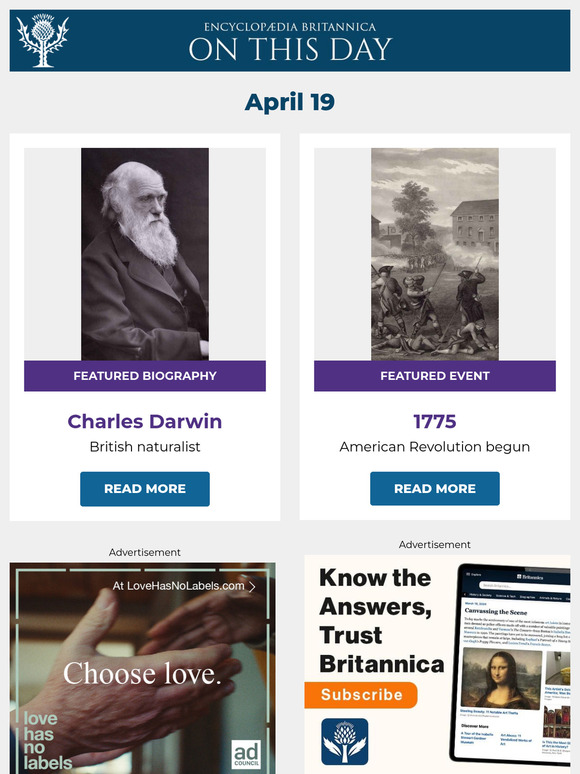 American Revolution begun, Charles Darwin is featured, and more from Britannica