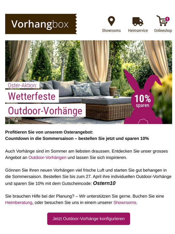 Oster-Aktion auf Vorhangbox.ch – alle Outdoor-Vorhänge 10% rabattiert