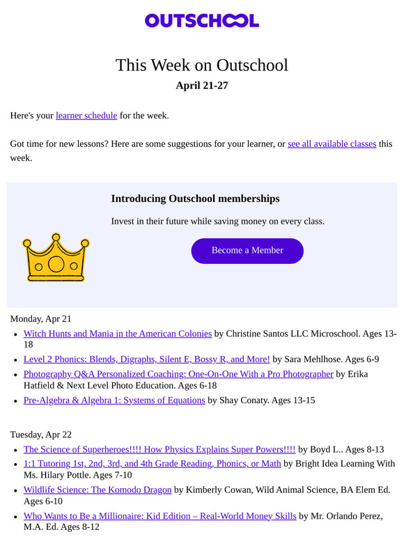 This week on Outschool: Classe your learner may like