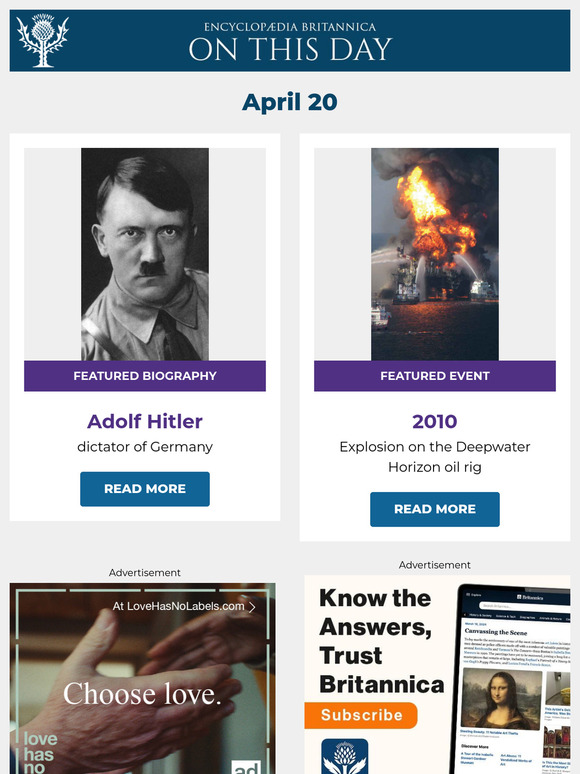 Explosion on the Deepwater Horizon oil rig, Adolf Hitler is featured, and more from Britannica