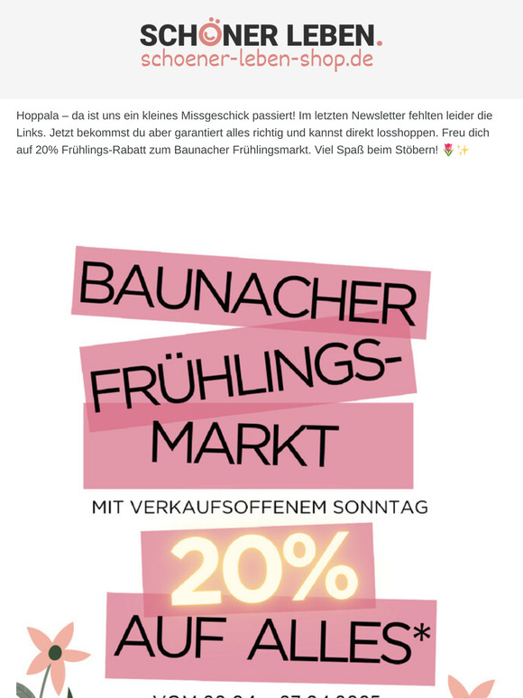 🌼 Ups, jetzt aber richtig: 20% Rabatt zum Baunacher Frühlingsmarkt!