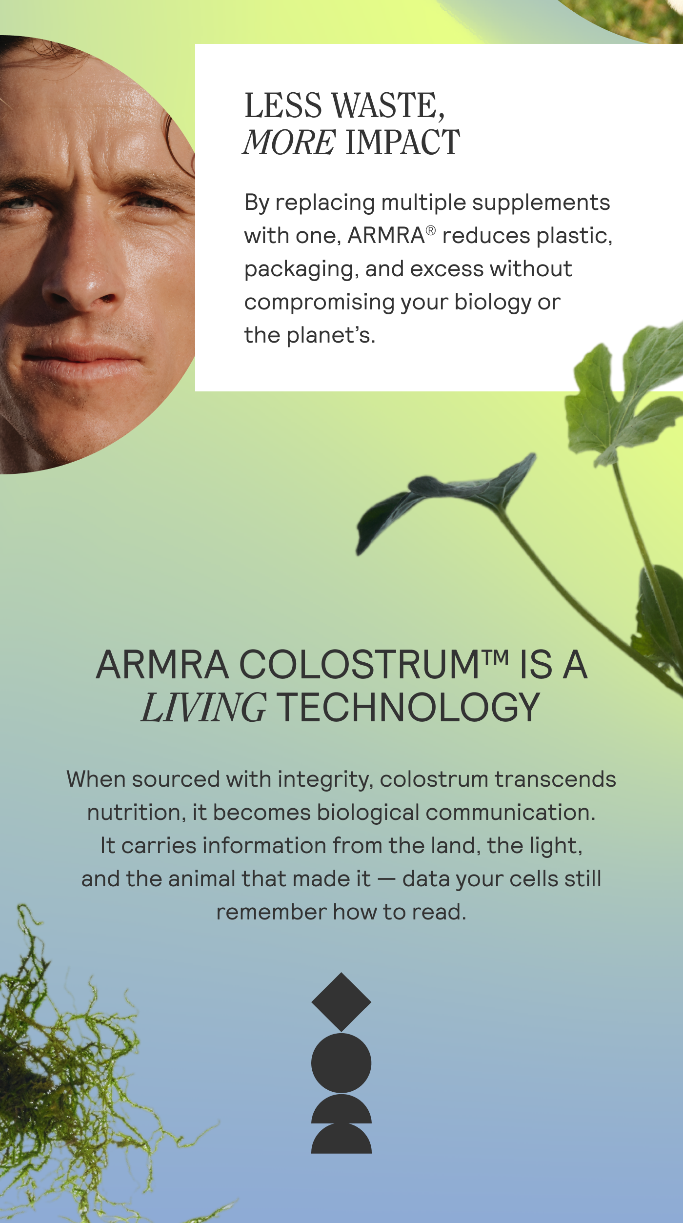LESS WASTE, MORE IMPACT By replacing multiple supplements with one, ARMRA® reduces plastic, packaging, and excess without compromising your biology or the planet's.  e planet's PN y/