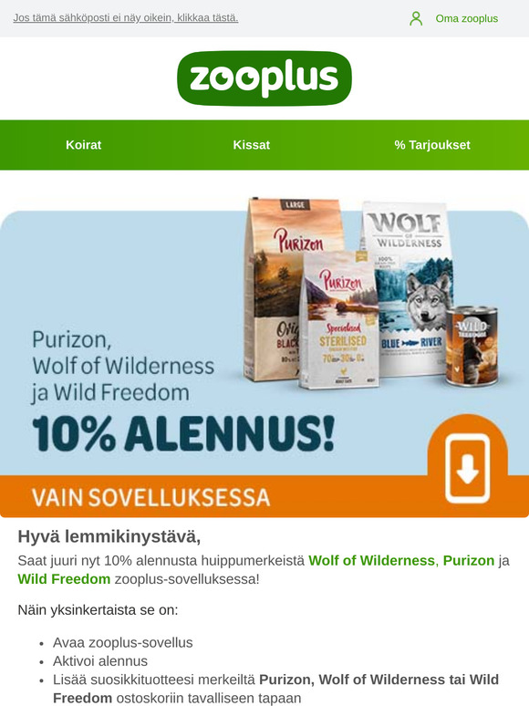 10% alennusta: Wolf of Wilderness, Purizon ja Wild Freedom