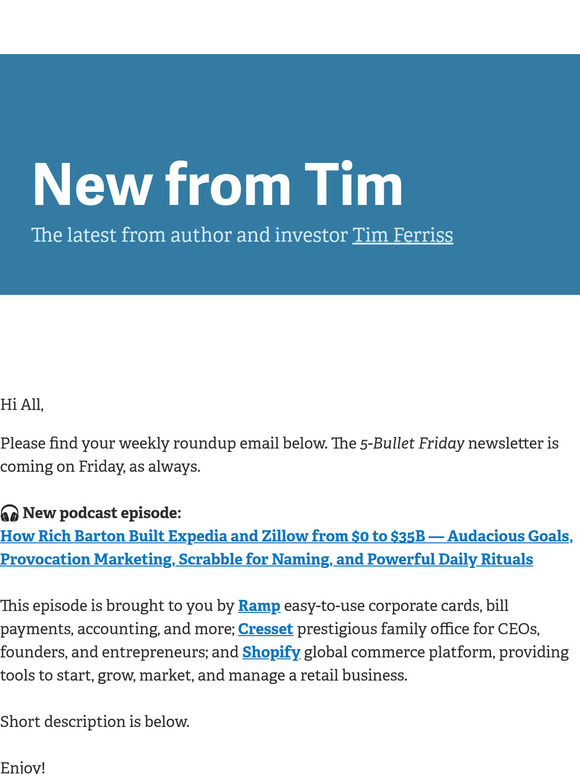 New from Tim — "How Rich Barton Built Expedia and Zillow from $0 to $35B — Audacious Goals, Provocation Marketing, Scrabble for Naming, and Powerful Daily Rituals"