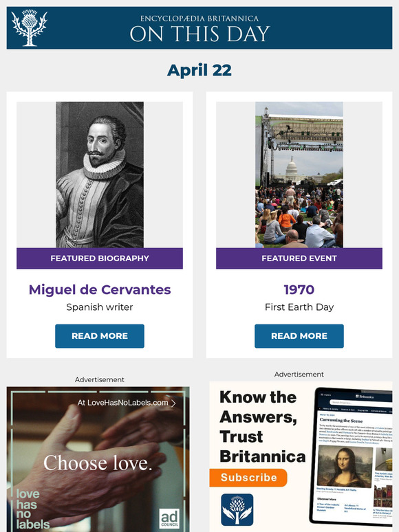 First Earth Day, Miguel de Cervantes is featured, and more from Britannica