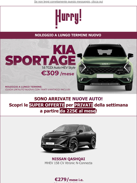 🚘Super PROMO: Kia Sportage a 309€ al mese, con tutti i servizi inclusi!🔊Noleggiala su Hurry!