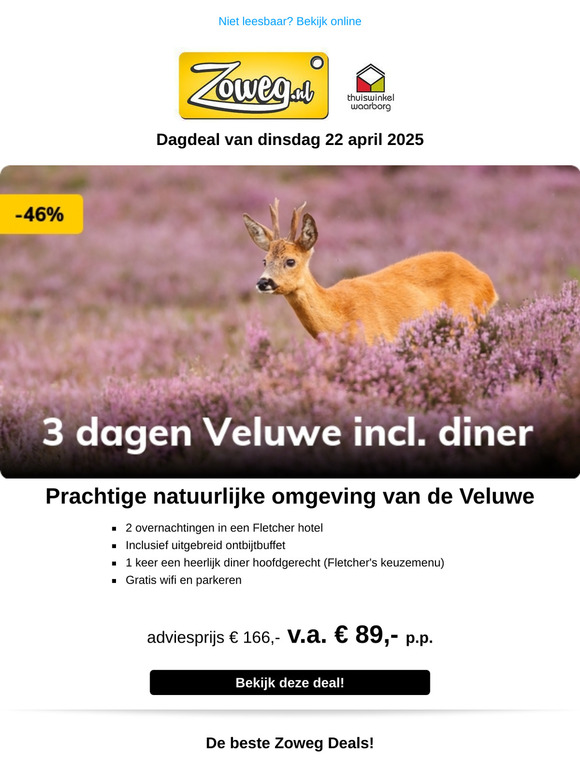 3 dagen Veluwe + diner v.a. 89,-