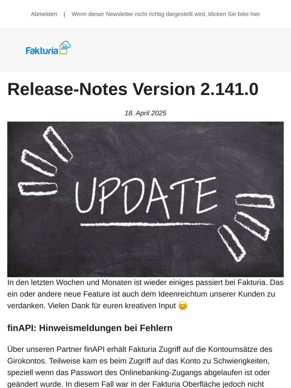 Fakturia: Release-Notes Version 2.141.0