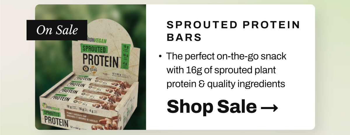 Iron Vegan Sprouted Protein Bar Peanut Chocolate Chip. The perfect on-the-go snack with 16g of sprouted plant protein and rich, peanut butter chocolate flavour.