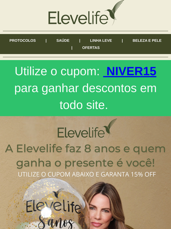 💥 15%OFF em todo site + ofertas de até 60%OFF no aniversário da Elevelife!