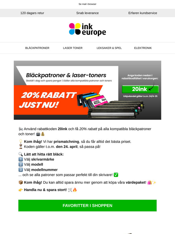 Sista chansen! Spara 20 % på bläck och toner!