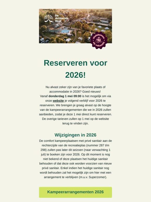 Goed nieuws! 🌞Vanaf donderdag 1 mei 09:00 is het mogelijk om via onze website je volgend verblijf voor 2026 te reserveren.