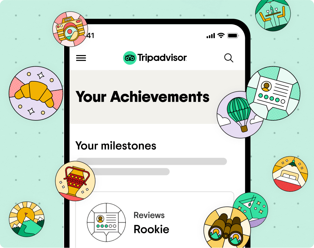 Image Description: Phone screen shows Achievements page on Tripadvisor with milestones and badges. Round badge graphics around the phone.