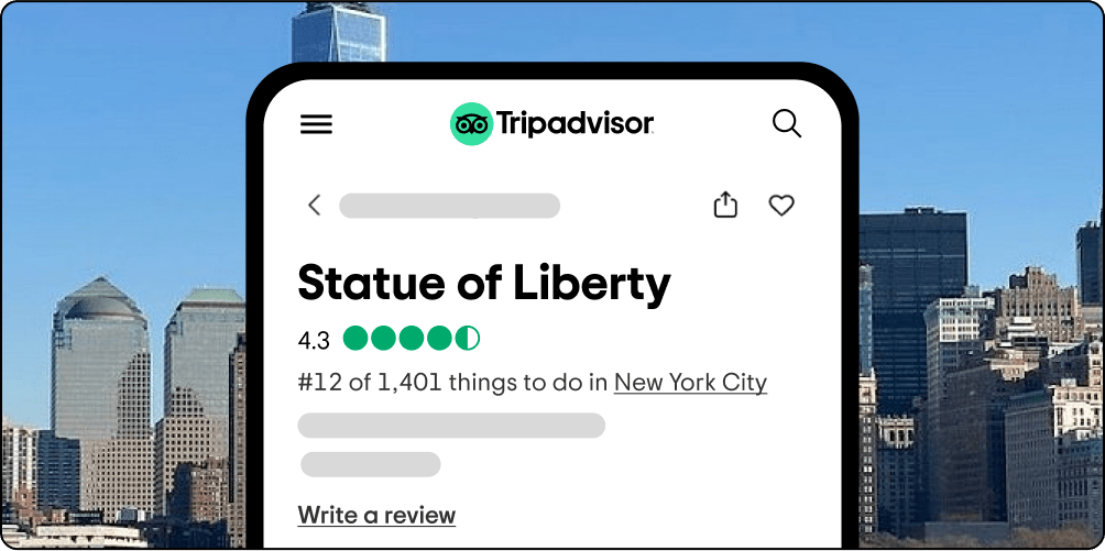Image Description: Phone screen with Statue of Liberty attraction page showing bubble rating overlaid on a photo of the New York City skyline.