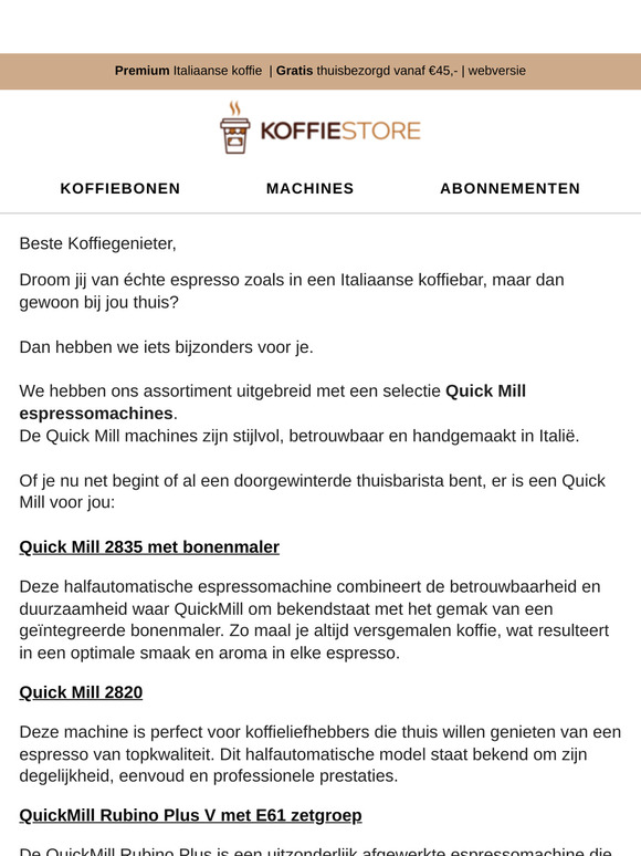 ☕ Nieuw! Ontdek onze Quick Mill espressomachines