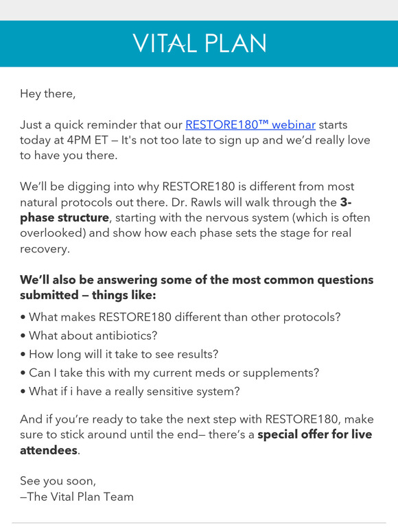 RESTORE180 Webinar Starts Today at 4PM EST