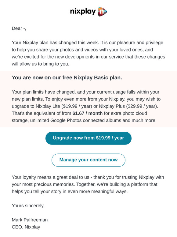 ⚠️ Important: Your Nixplay plan has changed