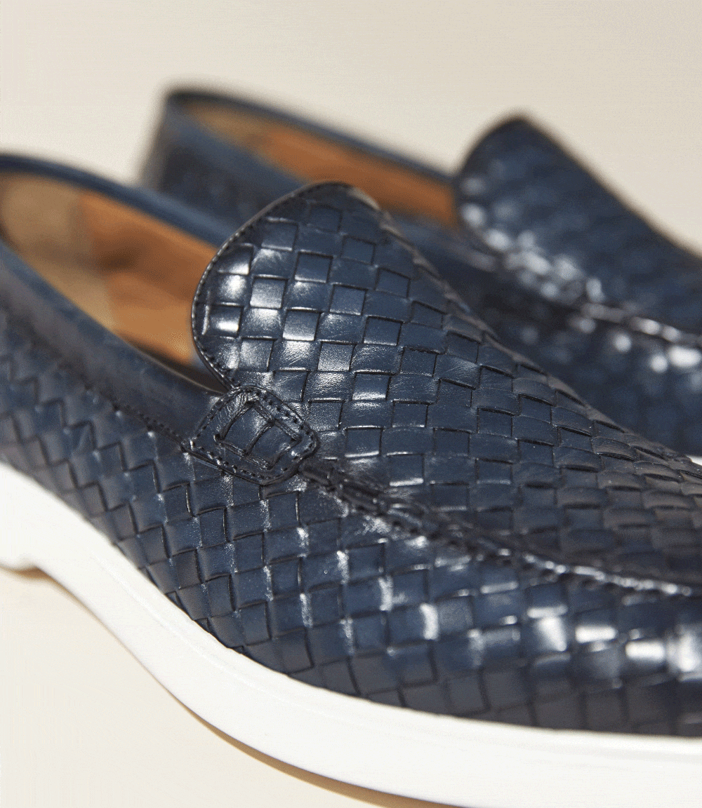 pedrena navy woven calf leather loafers