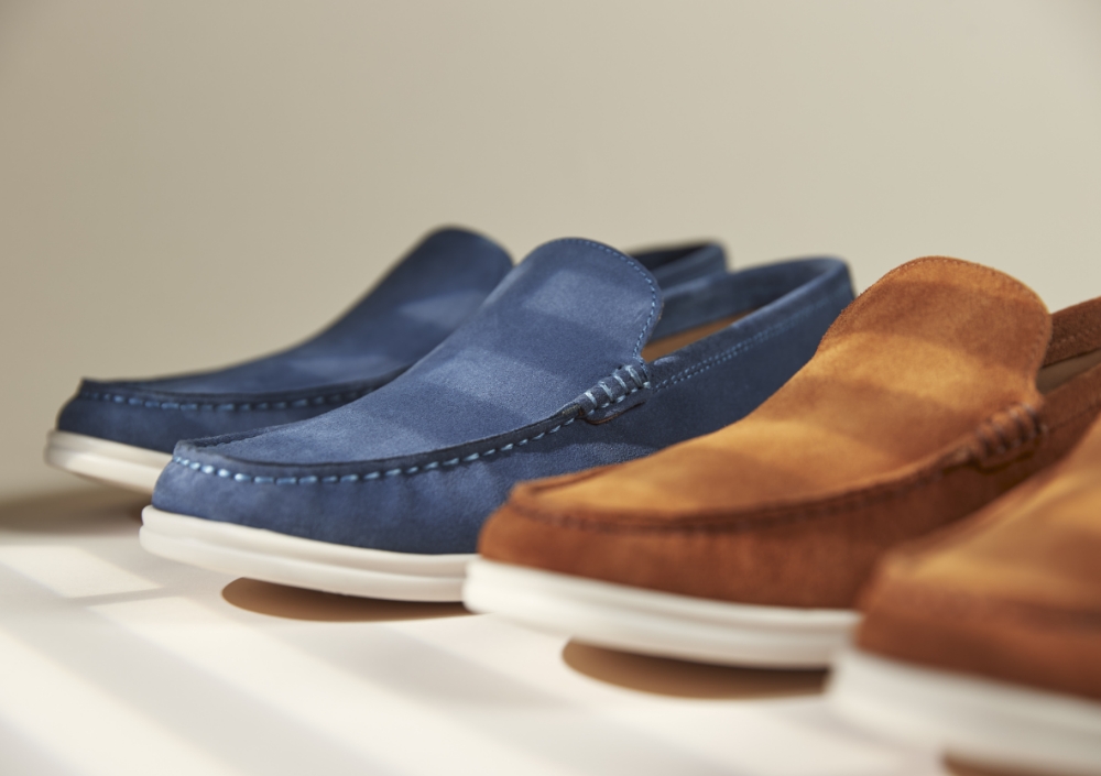 alicante blue and tan calf suede loafers