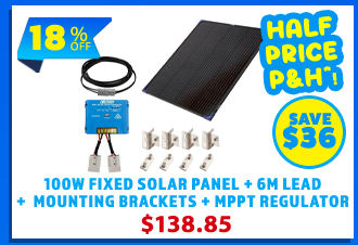 100W Fixed Solar Panel  + 6m Extension Lead + Solar Panel Mounting Brackets + MPPT Solar Regulator