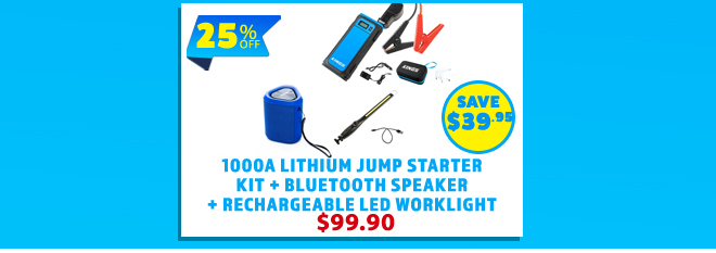 1000A Lithium Jump Starter Kit + Bluetooth Speaker + Rechargeable LED Worklight