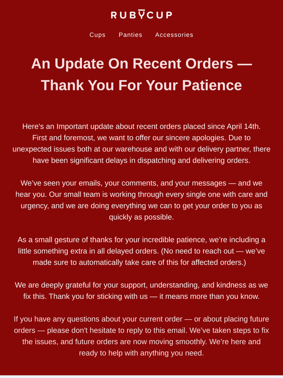 An Update on Your Order — Thank You for Your Patience