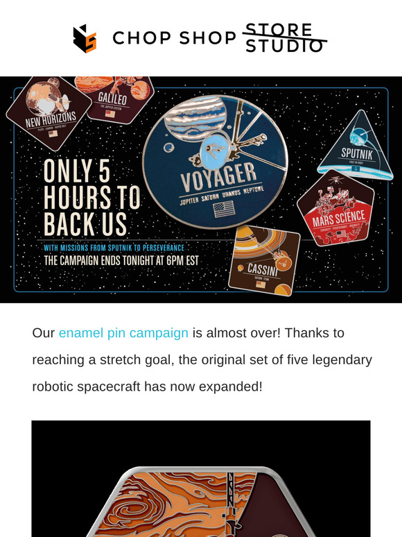 Five Hours to Go: Enameled Spacecraft Pins Are a Go