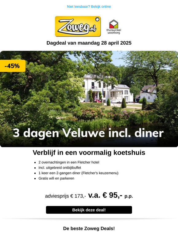 3 dagen Veluwe incl. diner v.a. 95,-