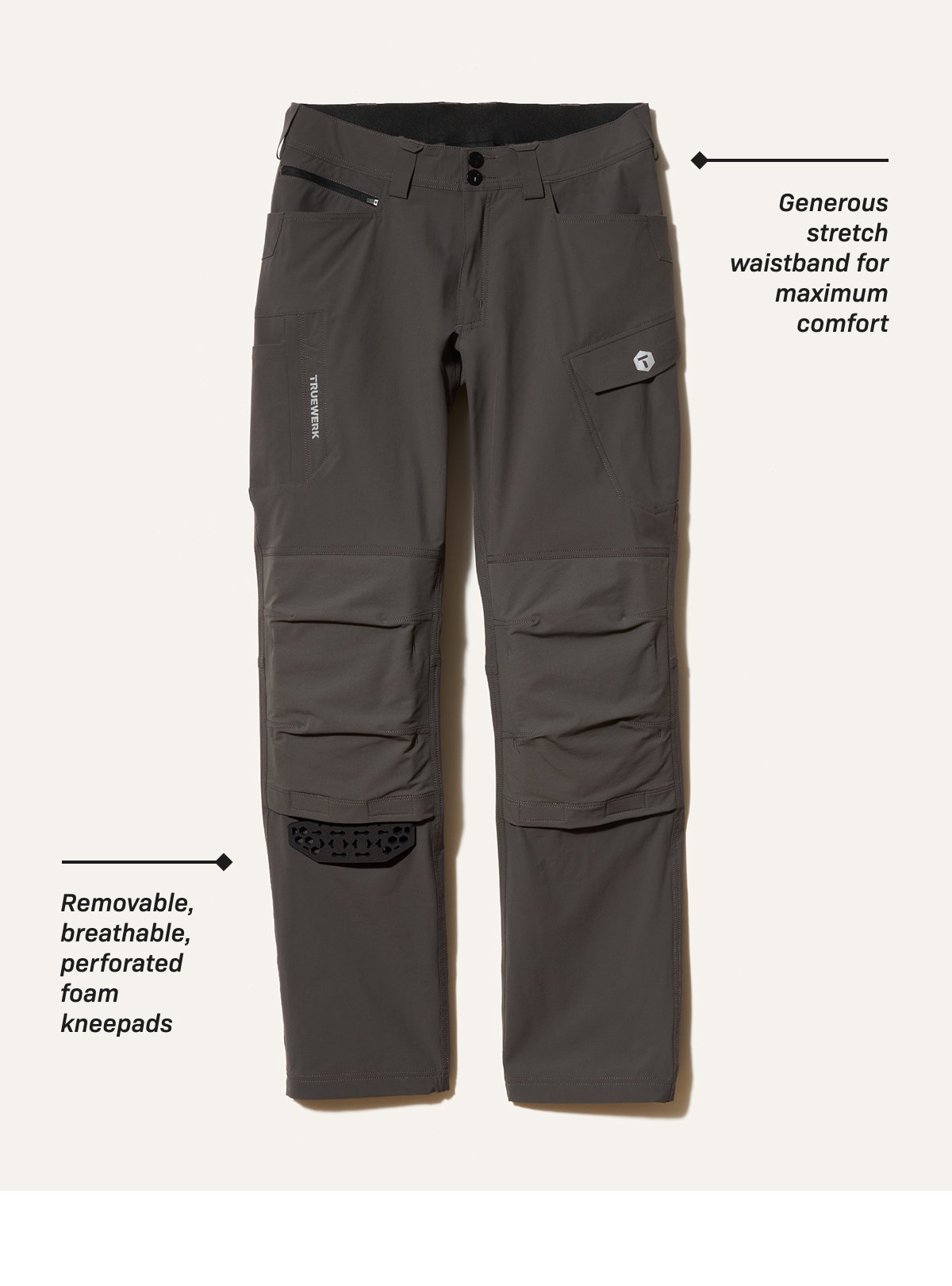 T1 WerkPant Pro in Deep Grey, featuring: Generous stretch waistband for maximum comfort & Removable, breathable, perforated foam kneepads 